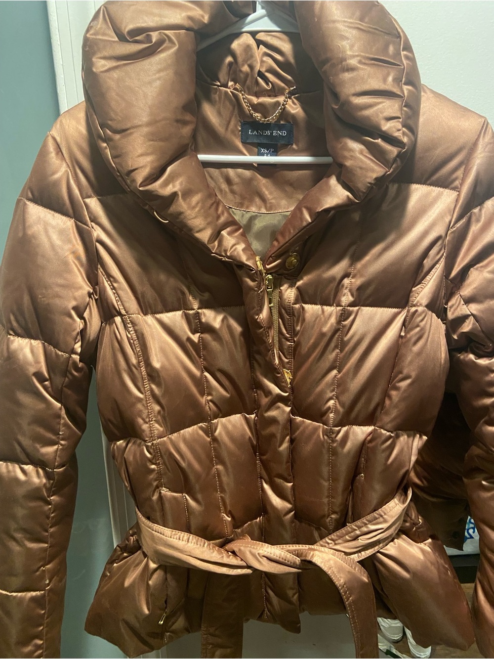 Lands' End Women's Metallic Brown Quilted Puffer with Belt